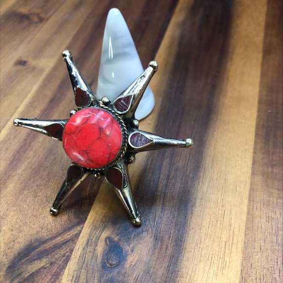 Red Stone Star Ring, Afghan Massive Ring, Handmade Statement Stone Ring, Boho - Picture 8 of 14
